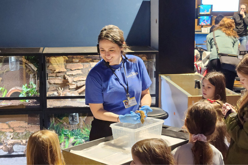 Staff member talking with kids