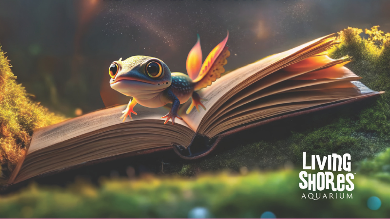 Pollywog cartoon sitting on an open book